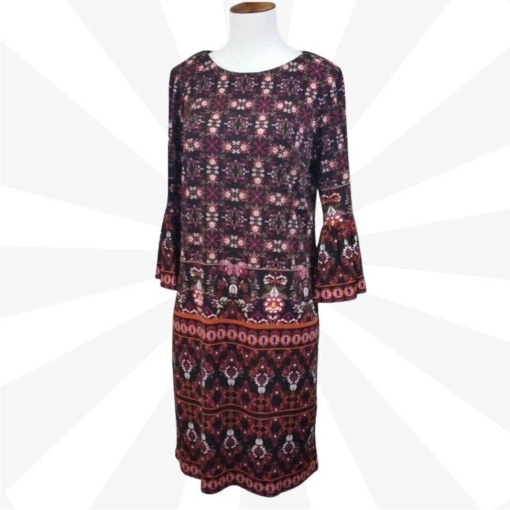 London Style Collection Shift Dress Size 8 Bell Sleeve Boat Neck Multicolor